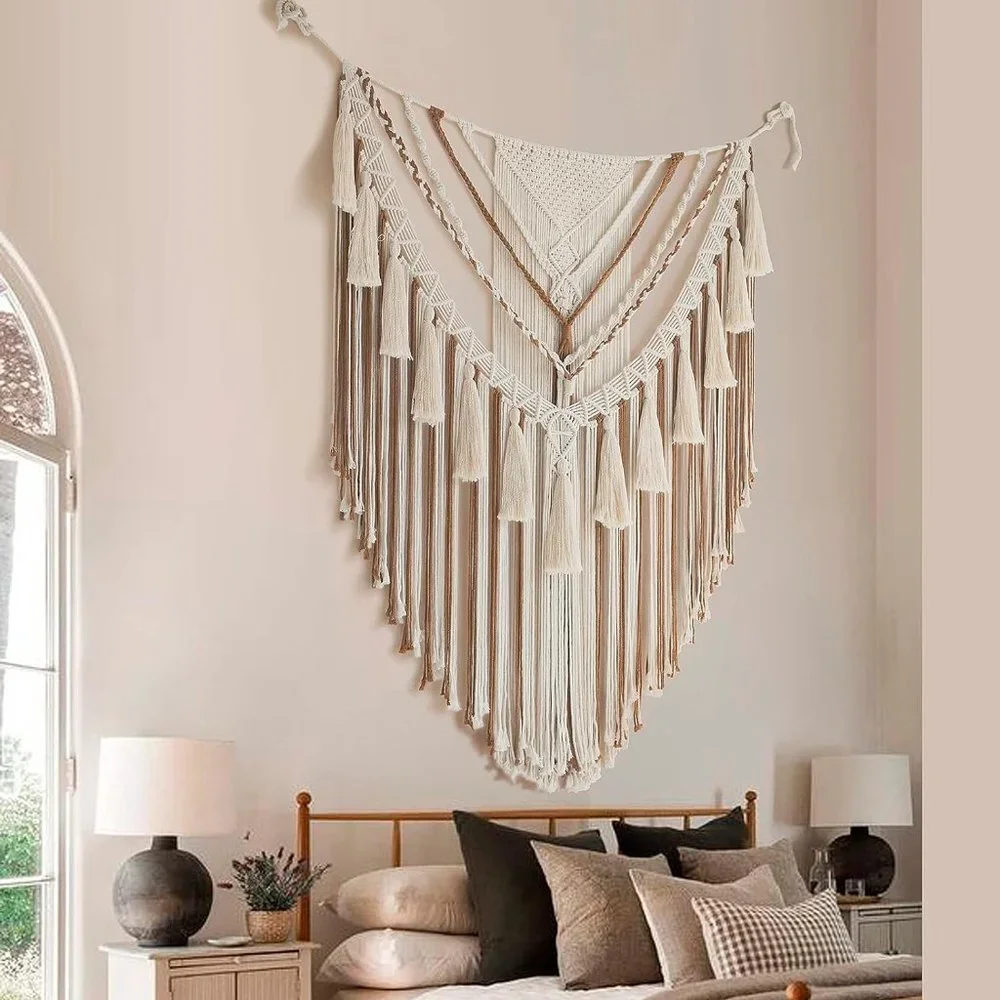 Boho Macrame Woven Brown Handmade Mid Century Modern Hanging Tassel Wall Decor